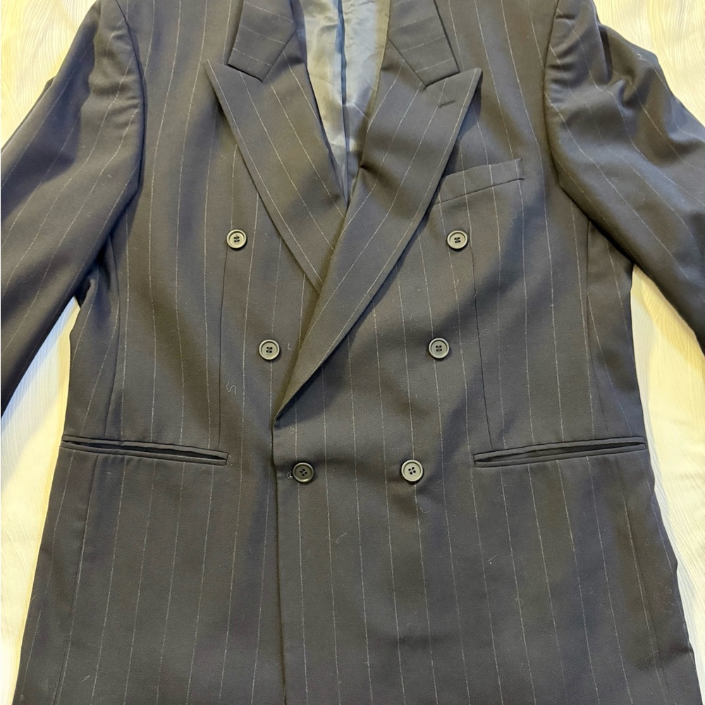 Fabrizio Cellini 44R Navy Pinstripe Wool Blazer Double Breasted Made Canada NWOT